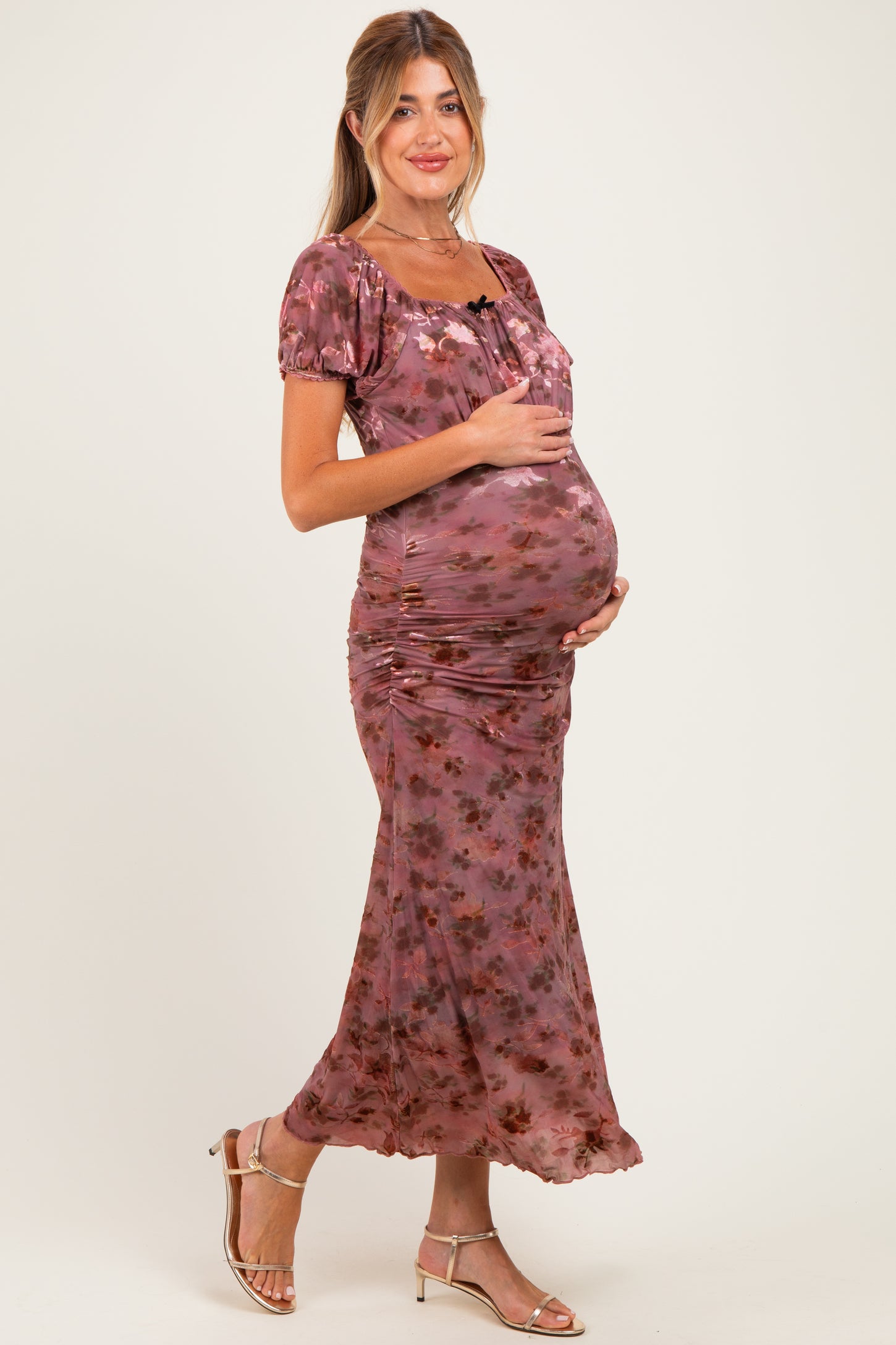 Vintage Rust Ruched Floral Mesh Maternity Midi Dress