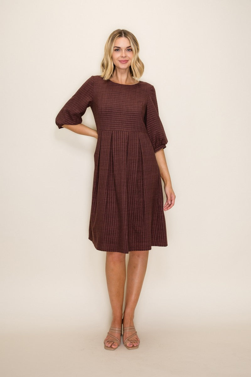 Brown Printed Textured Pleated Midi Dress