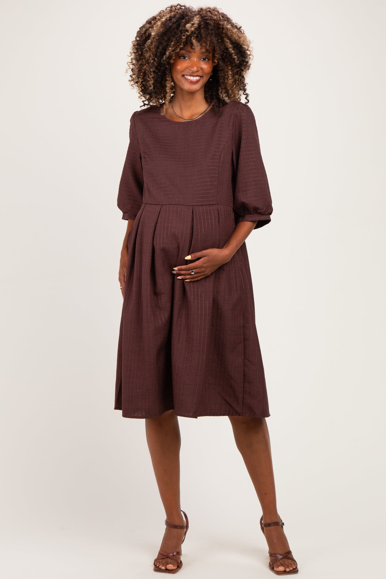 Brown Printed Textured Pleated Maternity Midi Dress