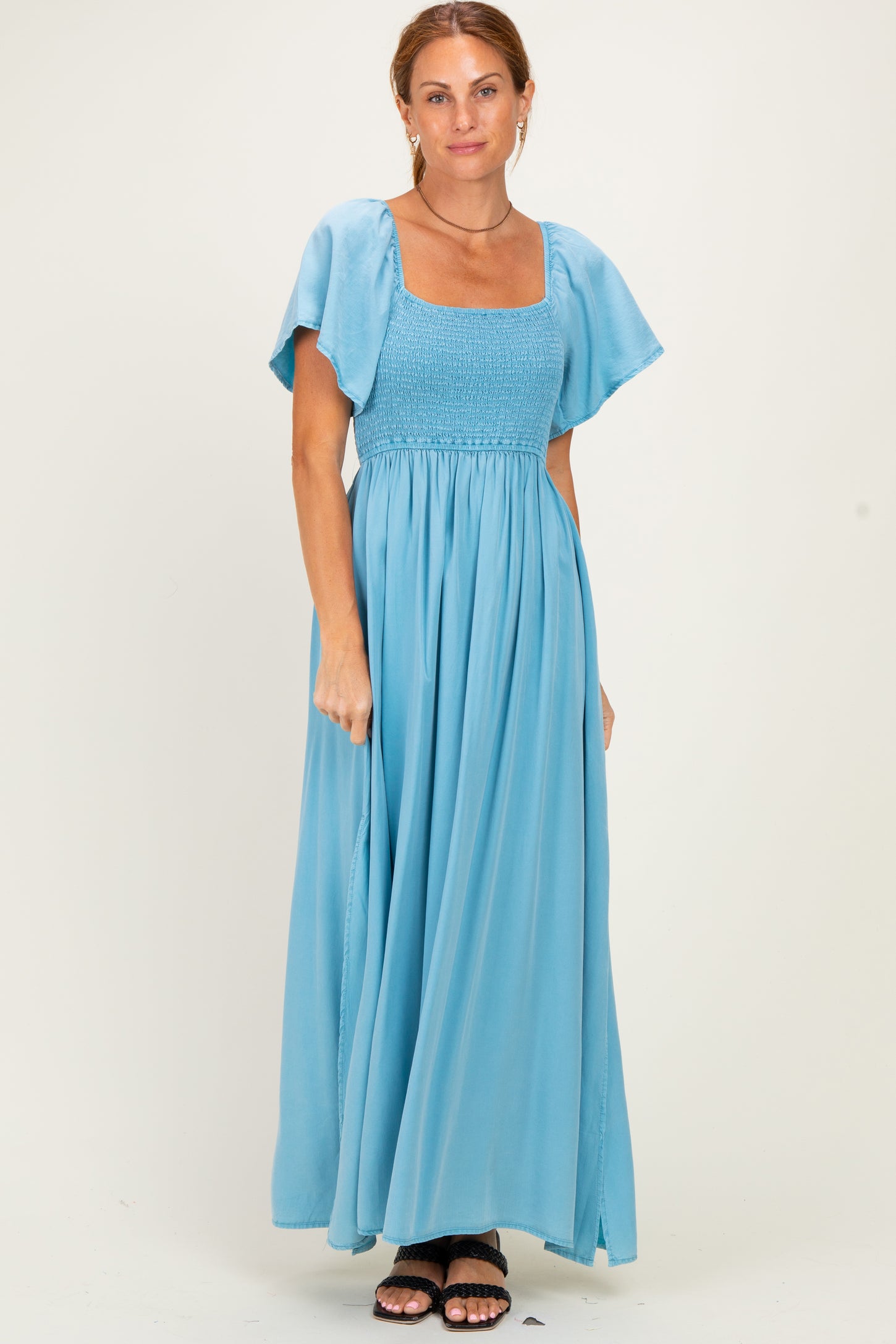 Milky Blue Chambray Smocked Maternity Maxi Dress
