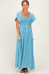 Milky Blue Chambray Smocked Maternity Maxi Dress