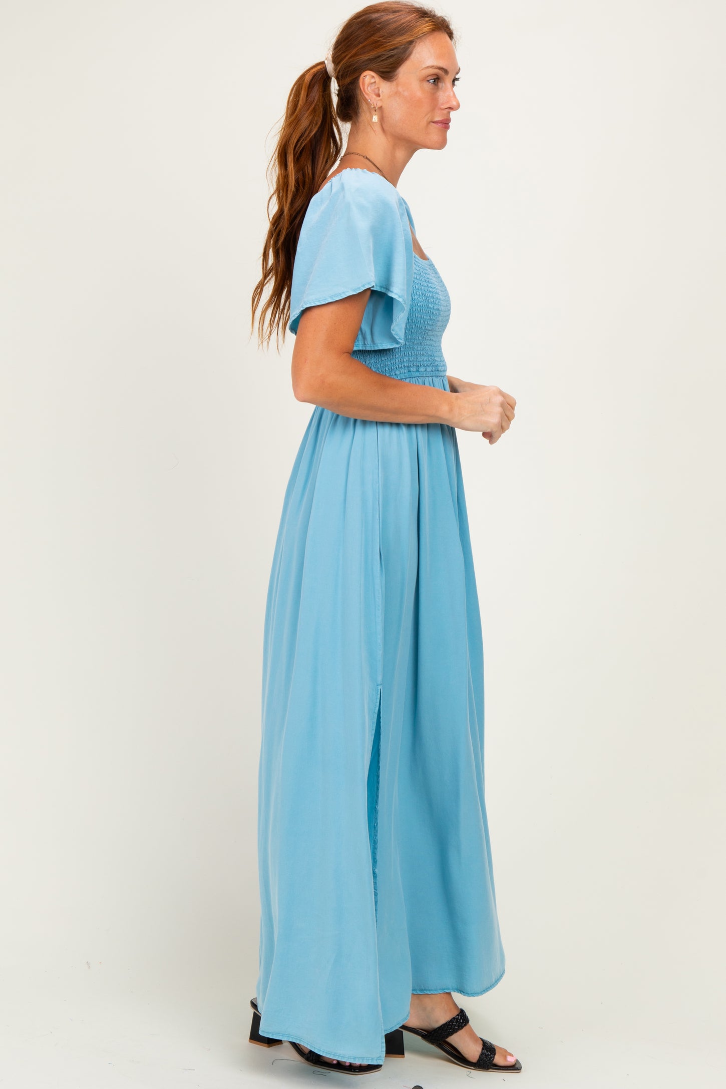 Milky Blue Chambray Smocked Maxi Dress