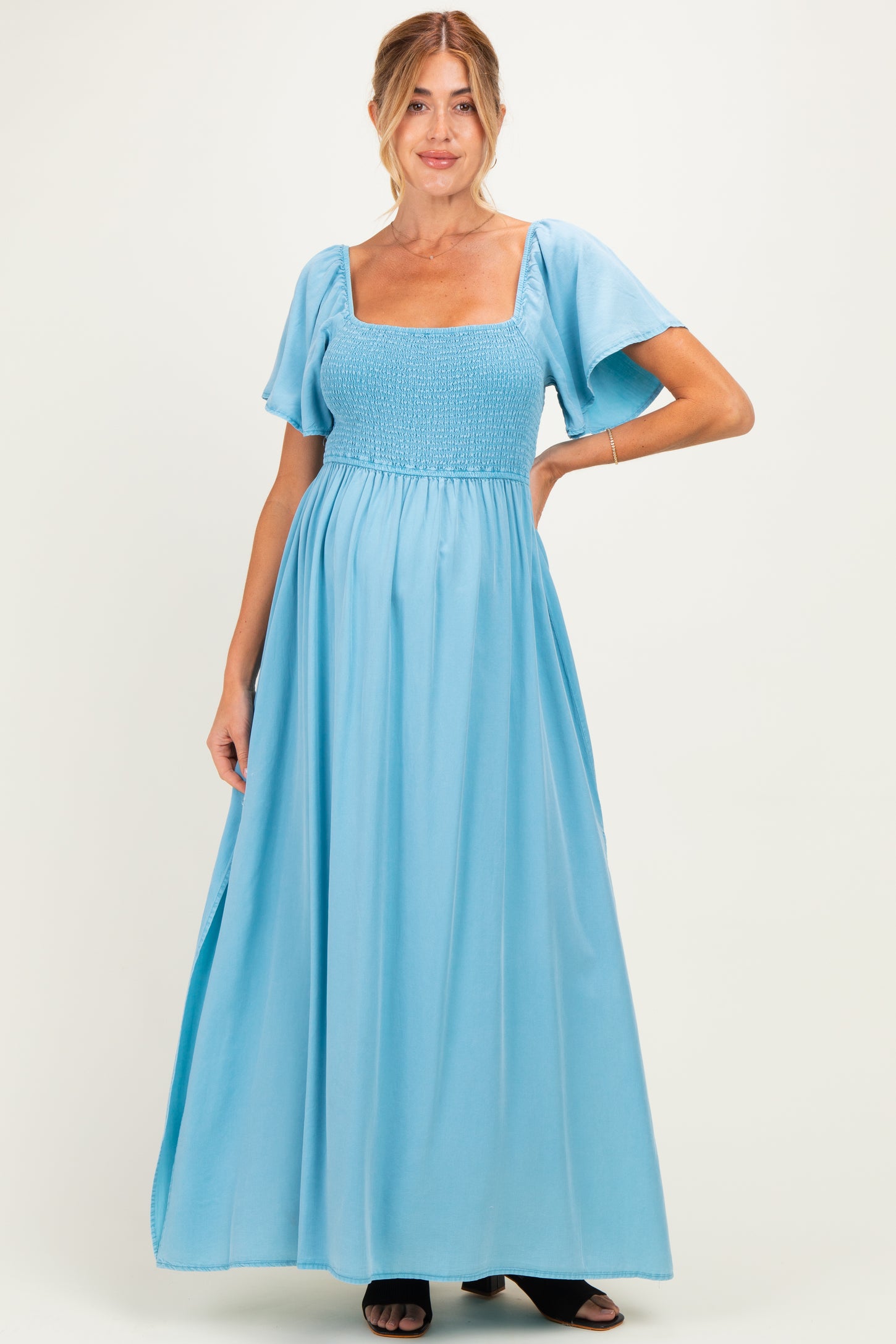 Milky Blue Chambray Smocked Maternity Maxi Dress