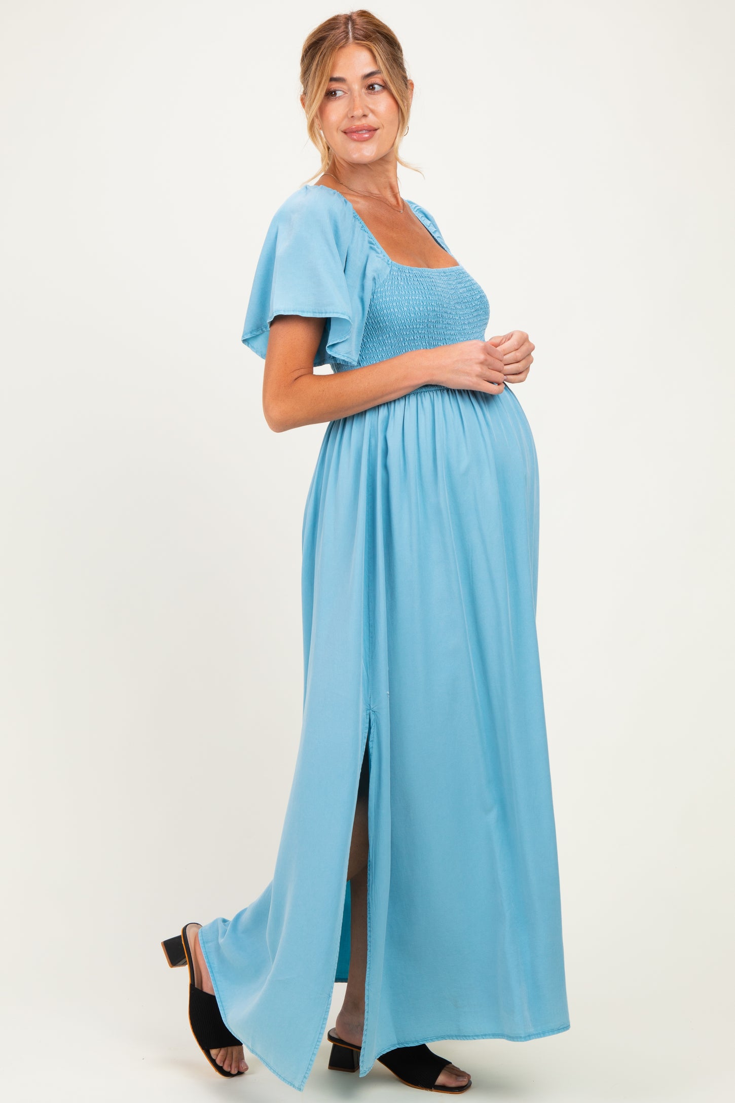 Milky Blue Chambray Smocked Maternity Maxi Dress
