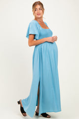 Milky Blue Chambray Smocked Maternity Maxi Dress