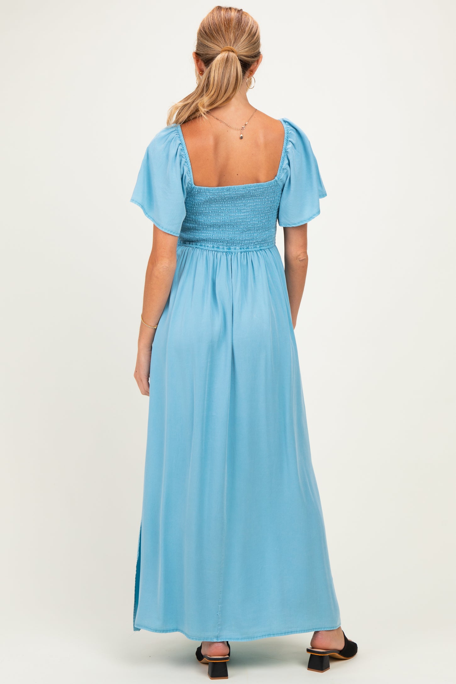 Milky Blue Chambray Smocked Maternity Maxi Dress