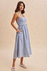 Blue Striped Smocked Halter Midi Dress
