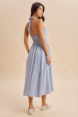 Blue Striped Smocked Halter Midi Dress