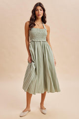 Eucalyptus Striped Smocked Halter Midi Dress