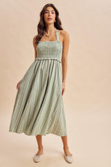 Eucalyptus Striped Smocked Halter Midi Dress