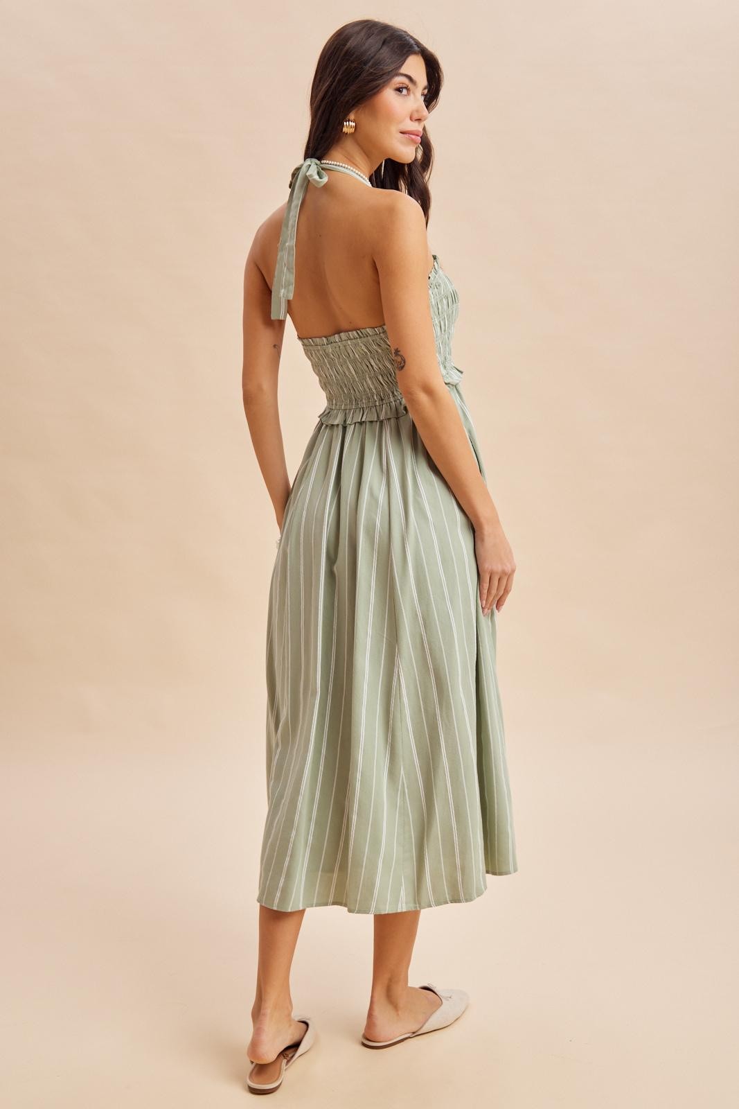Eucalyptus Striped Smocked Halter Midi Dress
