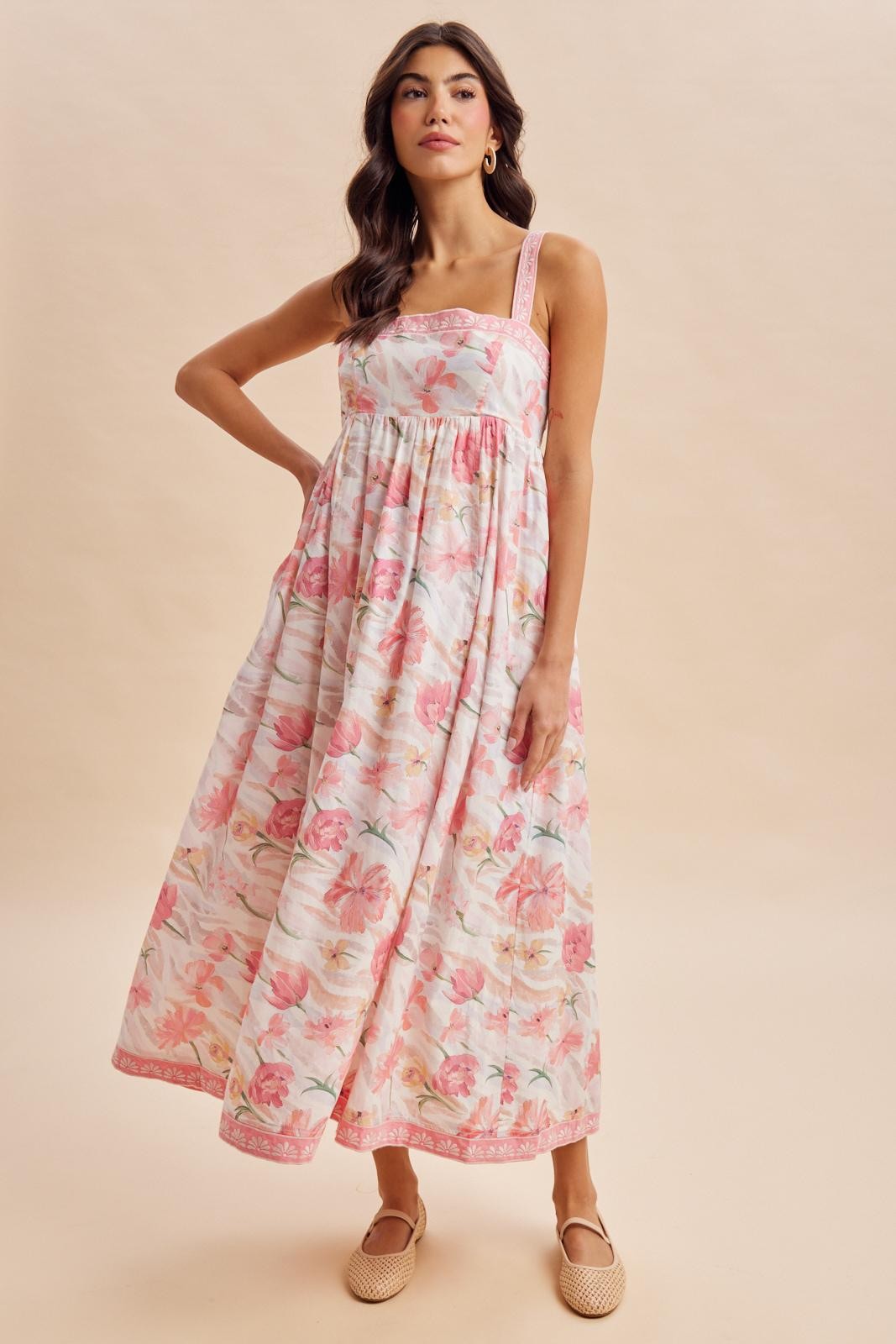 Coral Pink Floral Embroidered Maxi Dress