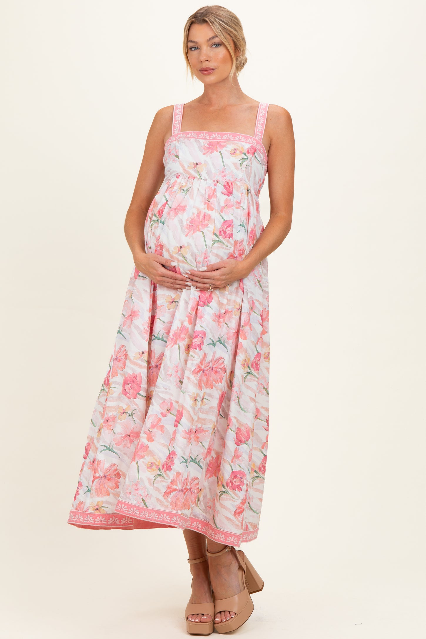 Coral Pink Floral Embroidered Maternity Maxi Dress