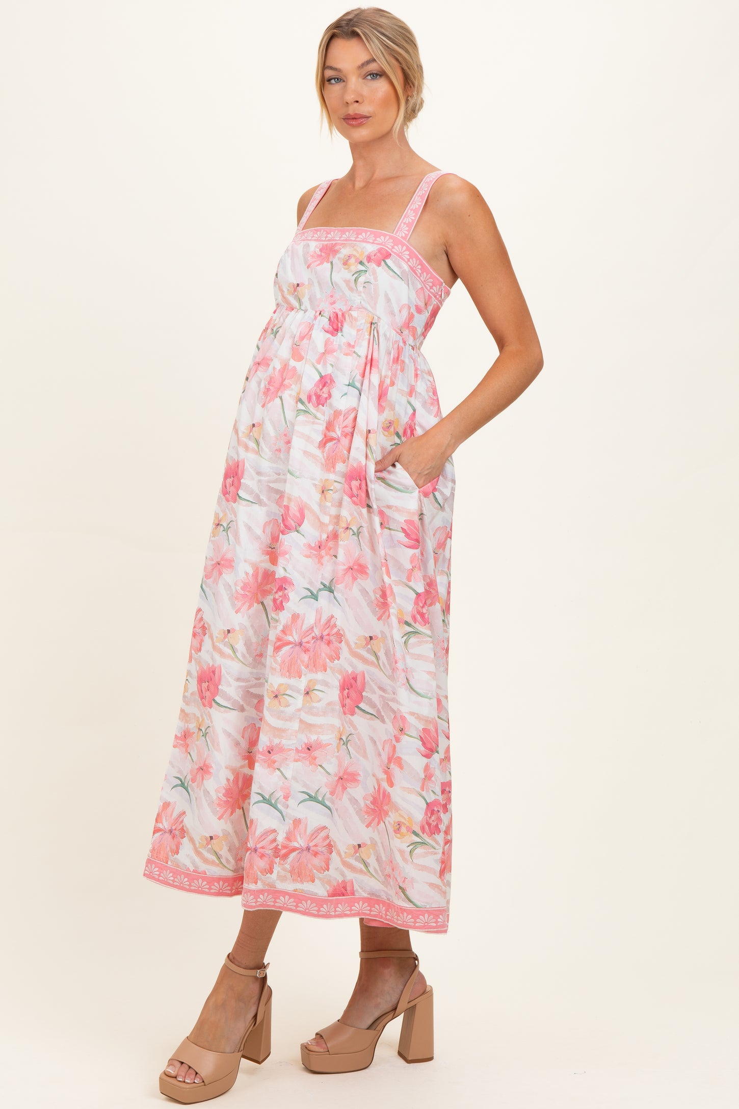 Coral Pink Floral Embroidered Maternity Maxi Dress