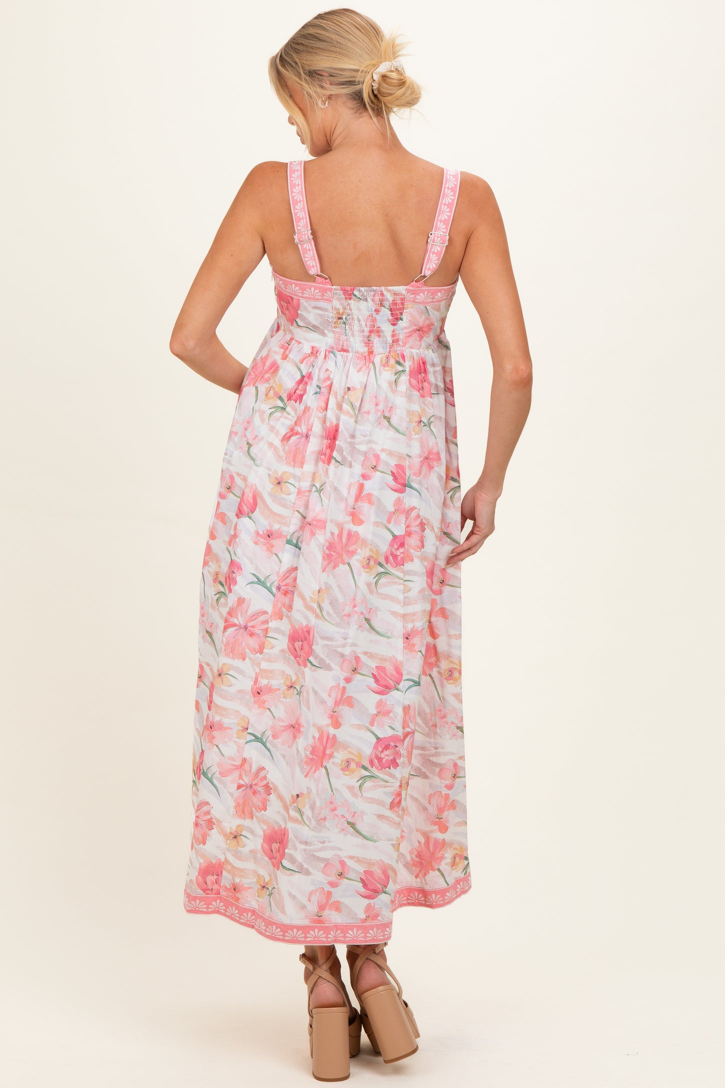 Coral Pink Floral Embroidered Maternity Maxi Dress