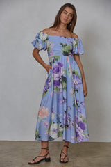 Periwinkle Floral Off Shoulder Balloon Sleeve Midi Dress