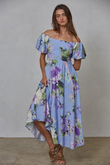 Periwinkle Floral Off Shoulder Balloon Sleeve Midi Dress