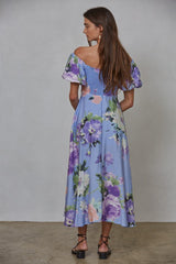 Periwinkle Floral Off Shoulder Balloon Sleeve Midi Dress