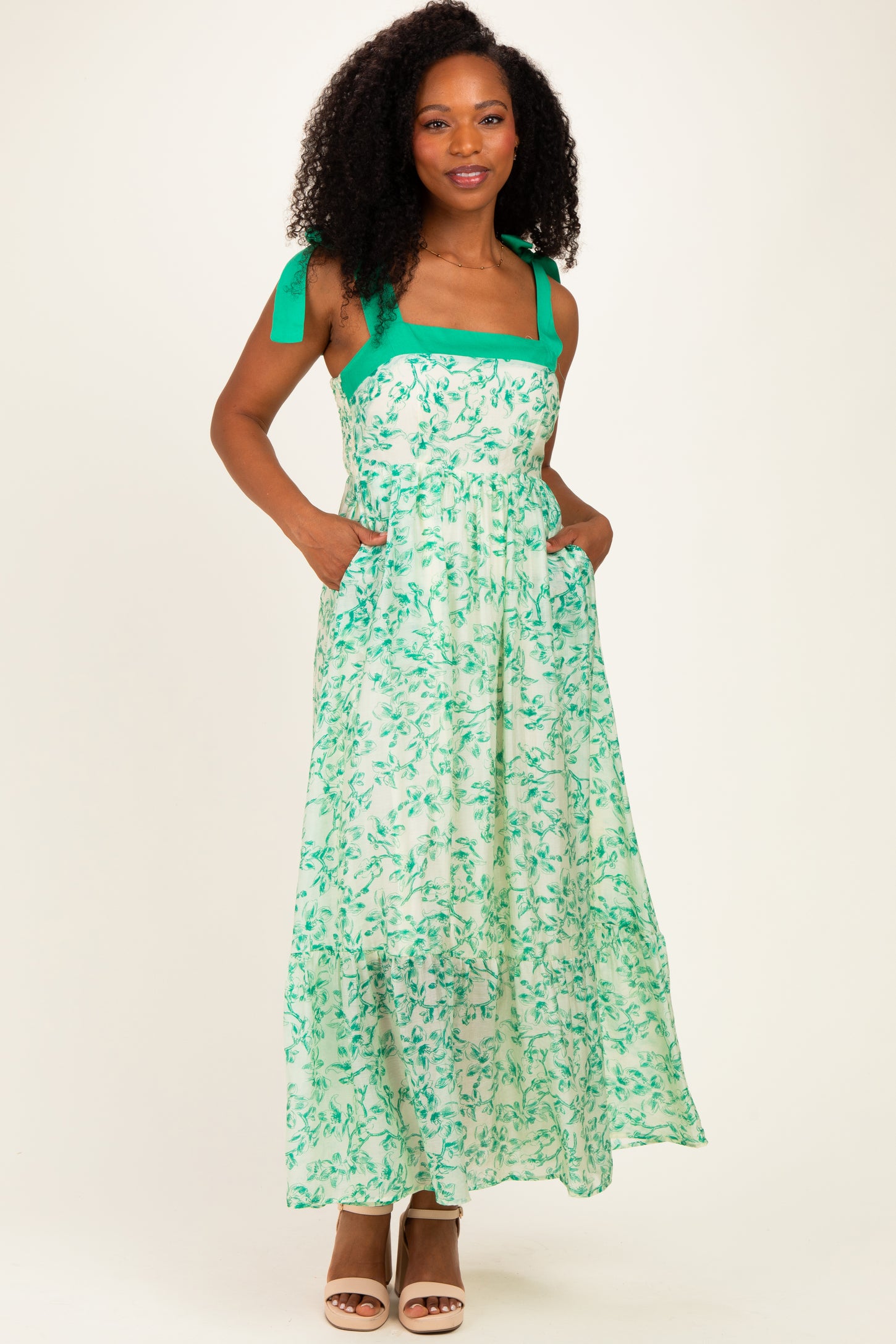 Green Floral Shoulder Bow Maxi Dress