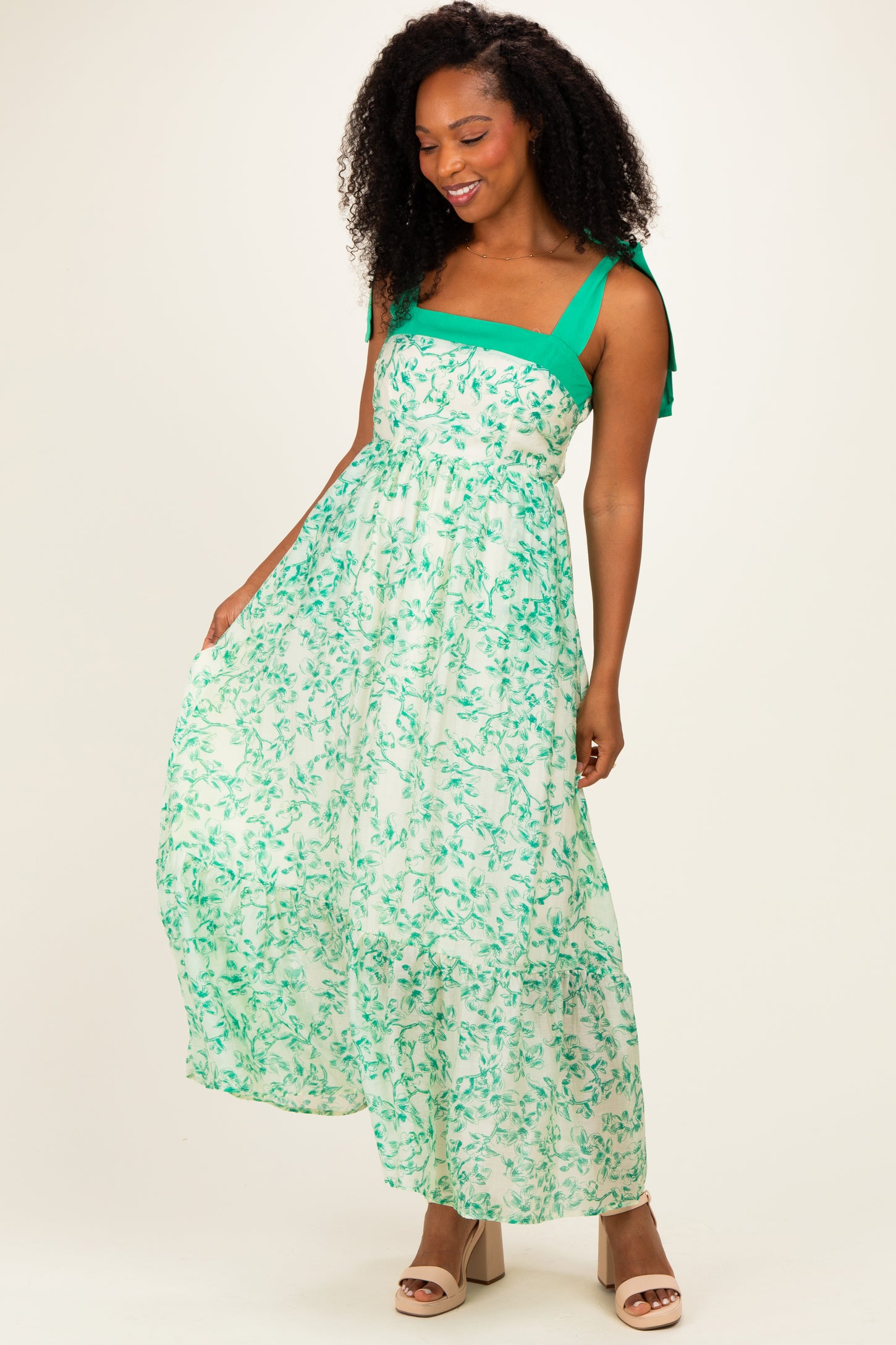 Green Floral Shoulder Bow Maxi Dress