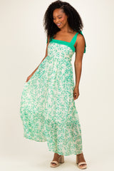 Green Floral Shoulder Bow Maxi Dress