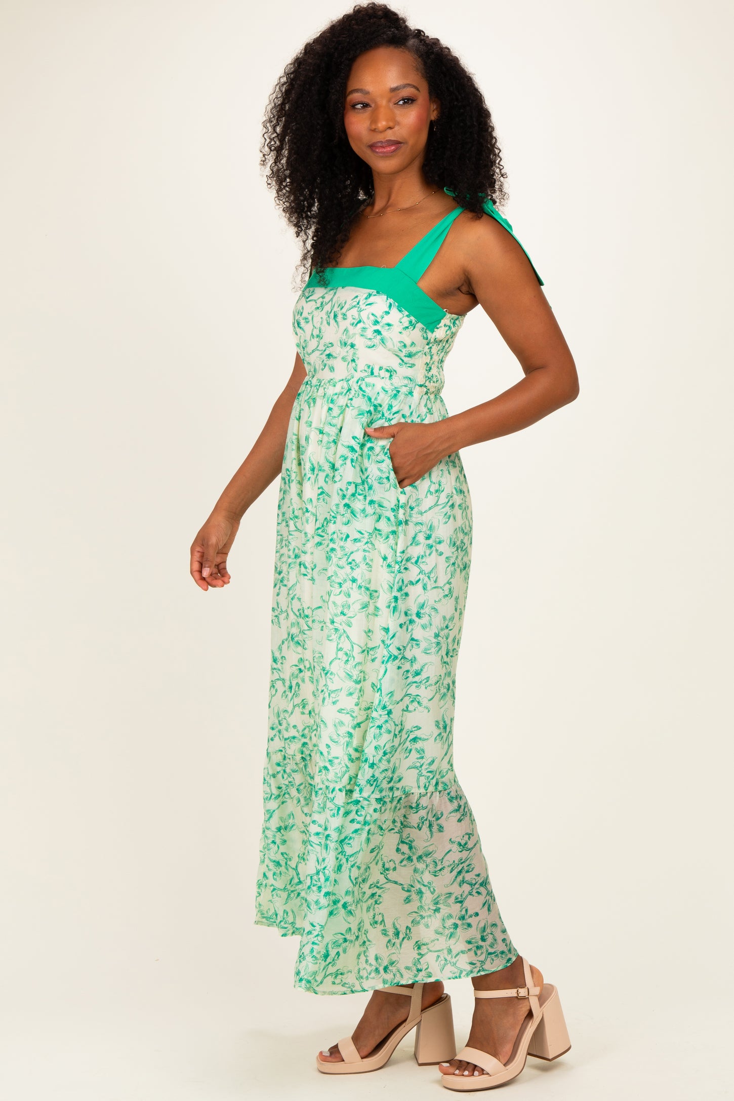 Green Floral Shoulder Bow Maxi Dress