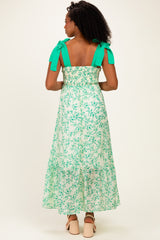 Green Floral Shoulder Bow Maxi Dress