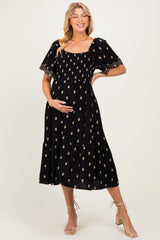 Black Smocked Embroidered Maternity Midi Dress
