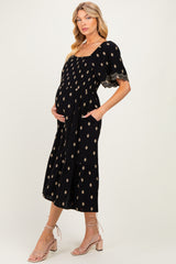 Black Smocked Embroidered Maternity Midi Dress
