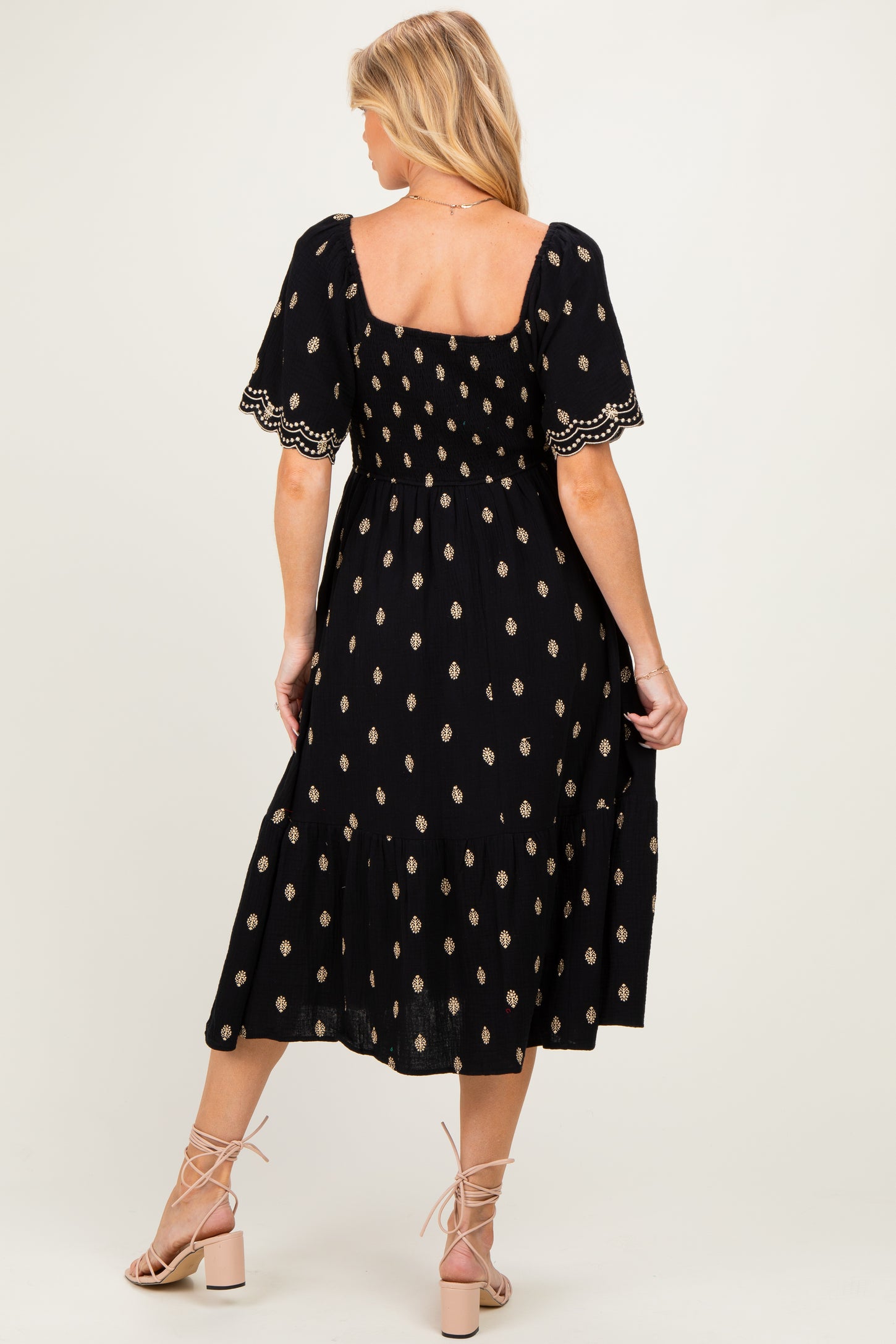 Black Smocked Embroidered Maternity Midi Dress