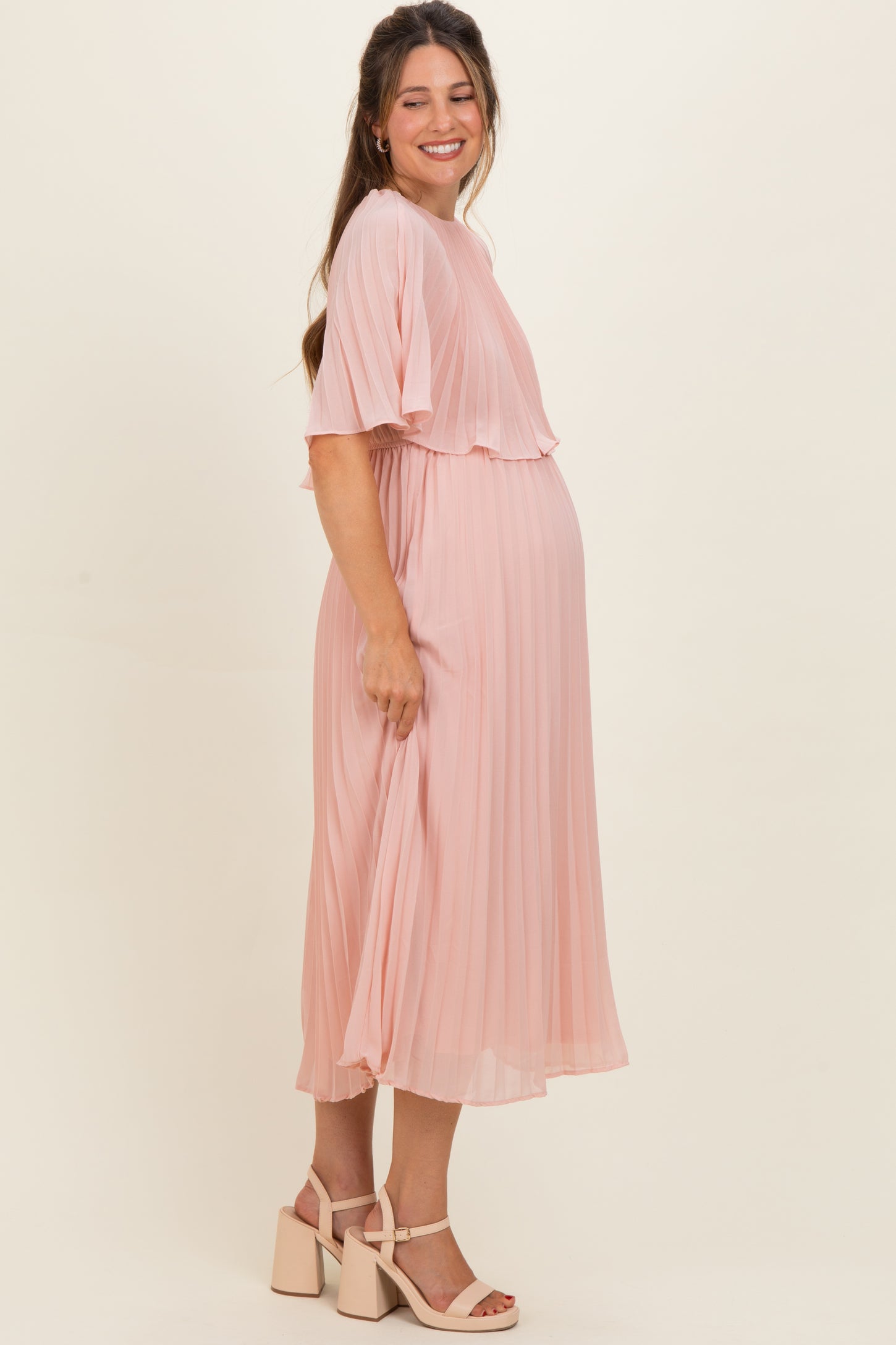 Blush Pleated Cape Maternity Midi Dress