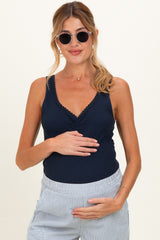 Navy Ribbed Knit Lace Trim Cinch Bust Maternity Tank Top