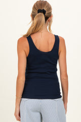Navy Ribbed Knit Lace Trim Cinch Bust Maternity Tank Top