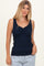 Navy Ribbed Knit Lace Trim Cinch Bust Tank Top