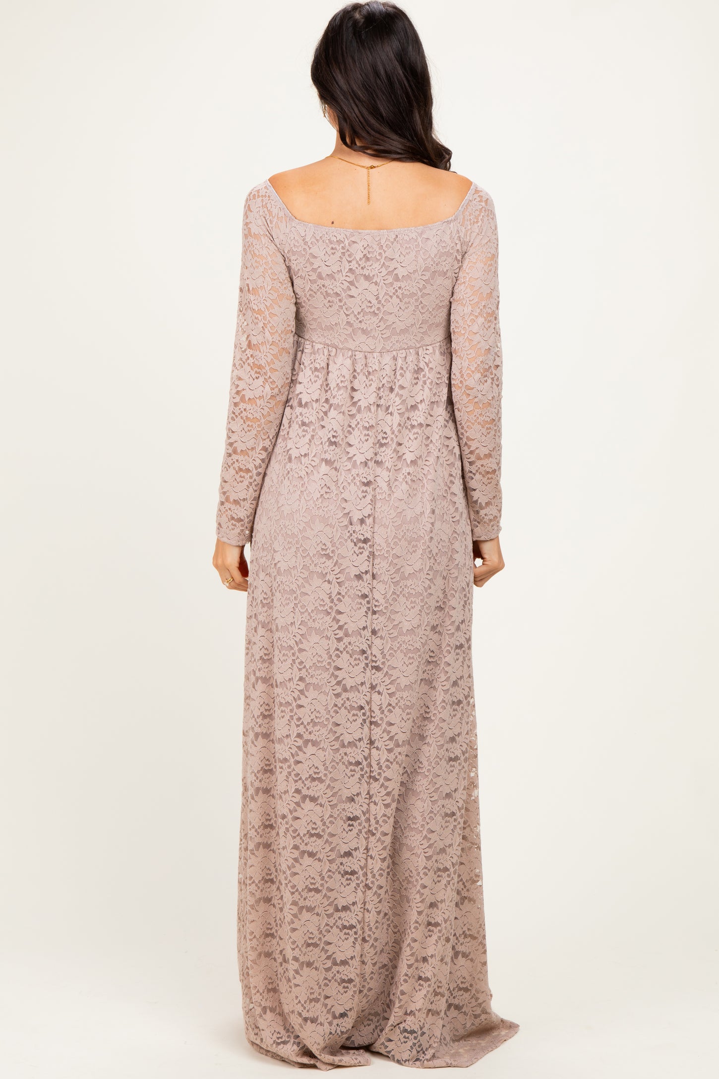 Mocha Floral Lace Long Sleeve Off Shoulder Maxi Dress