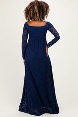Navy Floral Lace Long Sleeve Off Shoulder Maternity Maxi Dress