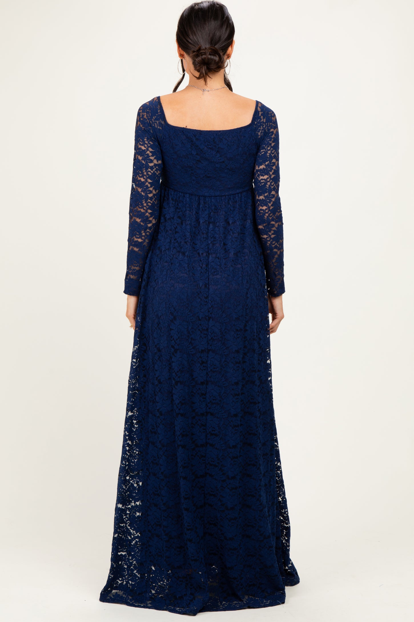 Navy Floral Lace Long Sleeve Off Shoulder Maxi Dress