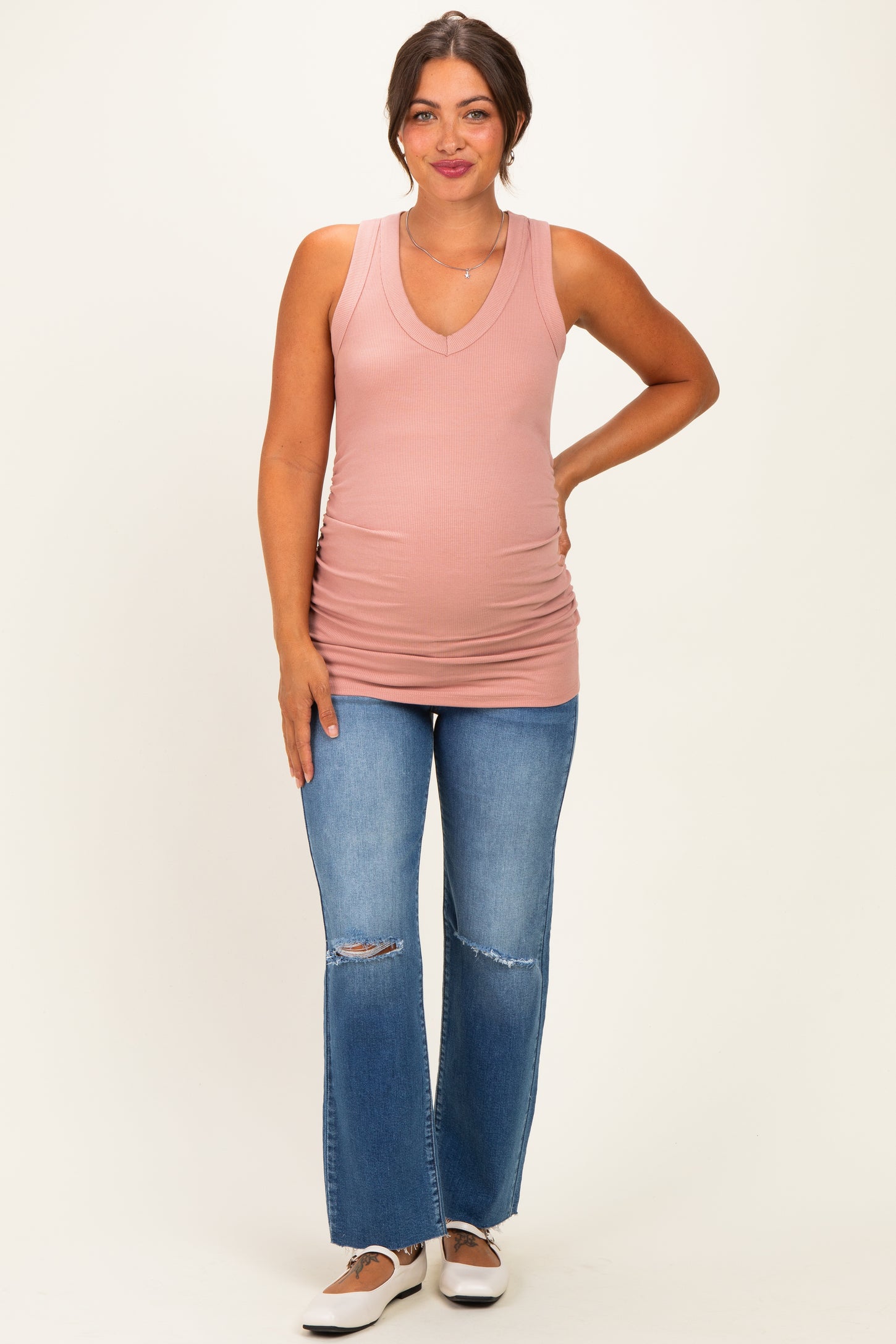 Rose Ribbed Sleeveless Ruched Maternity Tank Top