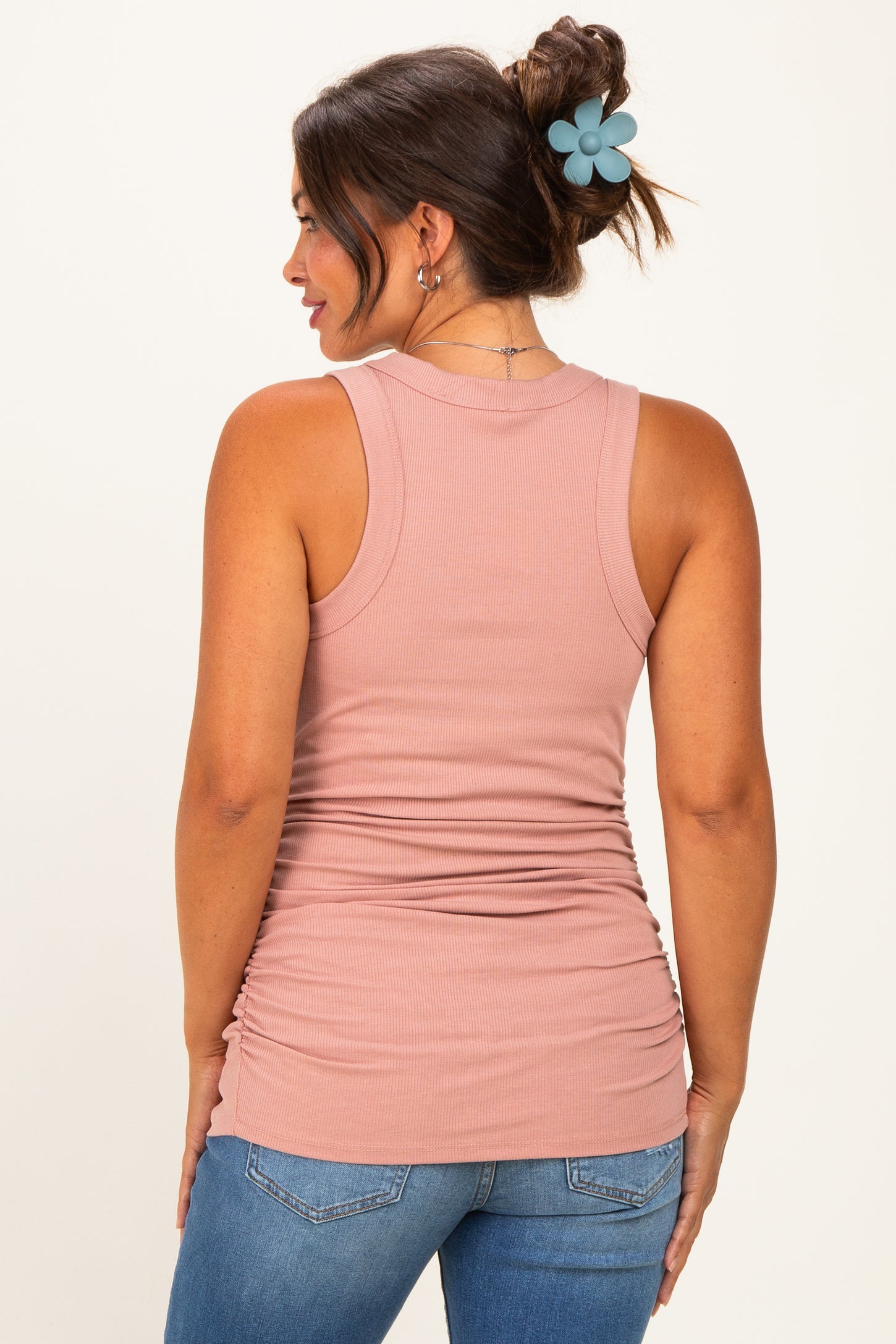 Rose Ribbed Sleeveless Ruched Maternity Tank Top