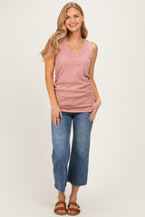 Rose Ribbed Sleeveless Ruched Tank Top