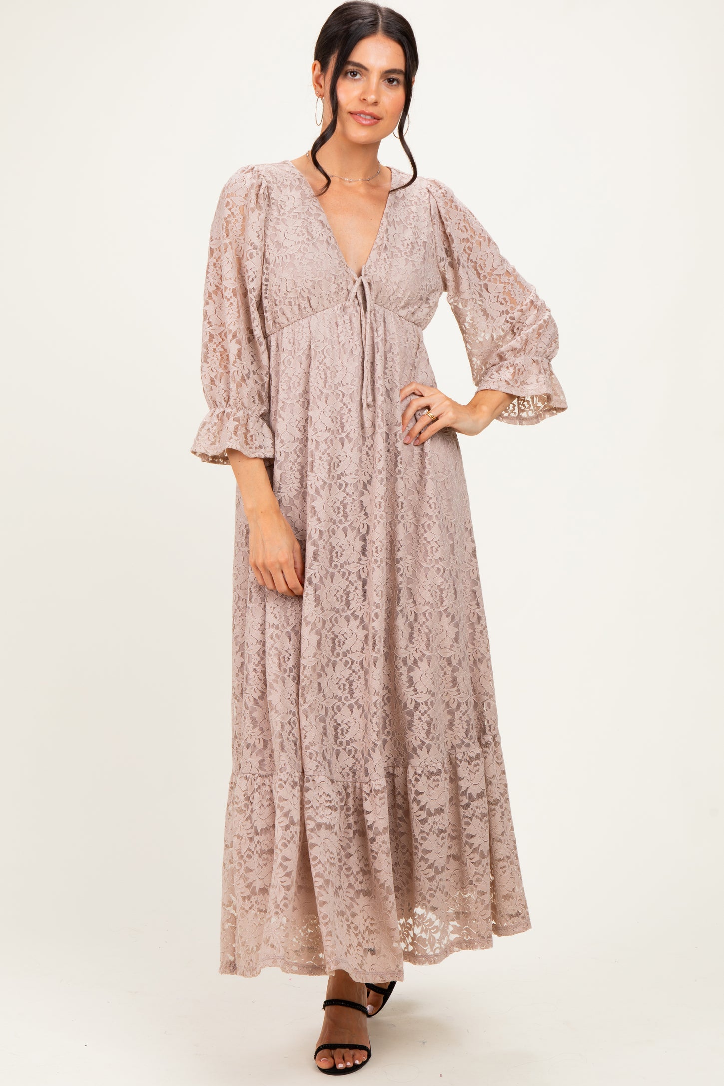Mocha Floral Lace 3/4 Ruffle Sleeve V-Neck Maxi Dress