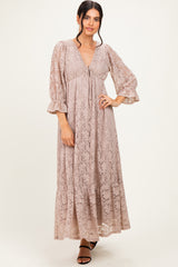 Mocha Floral Lace 3/4 Ruffle Sleeve V-Neck Maxi Dress