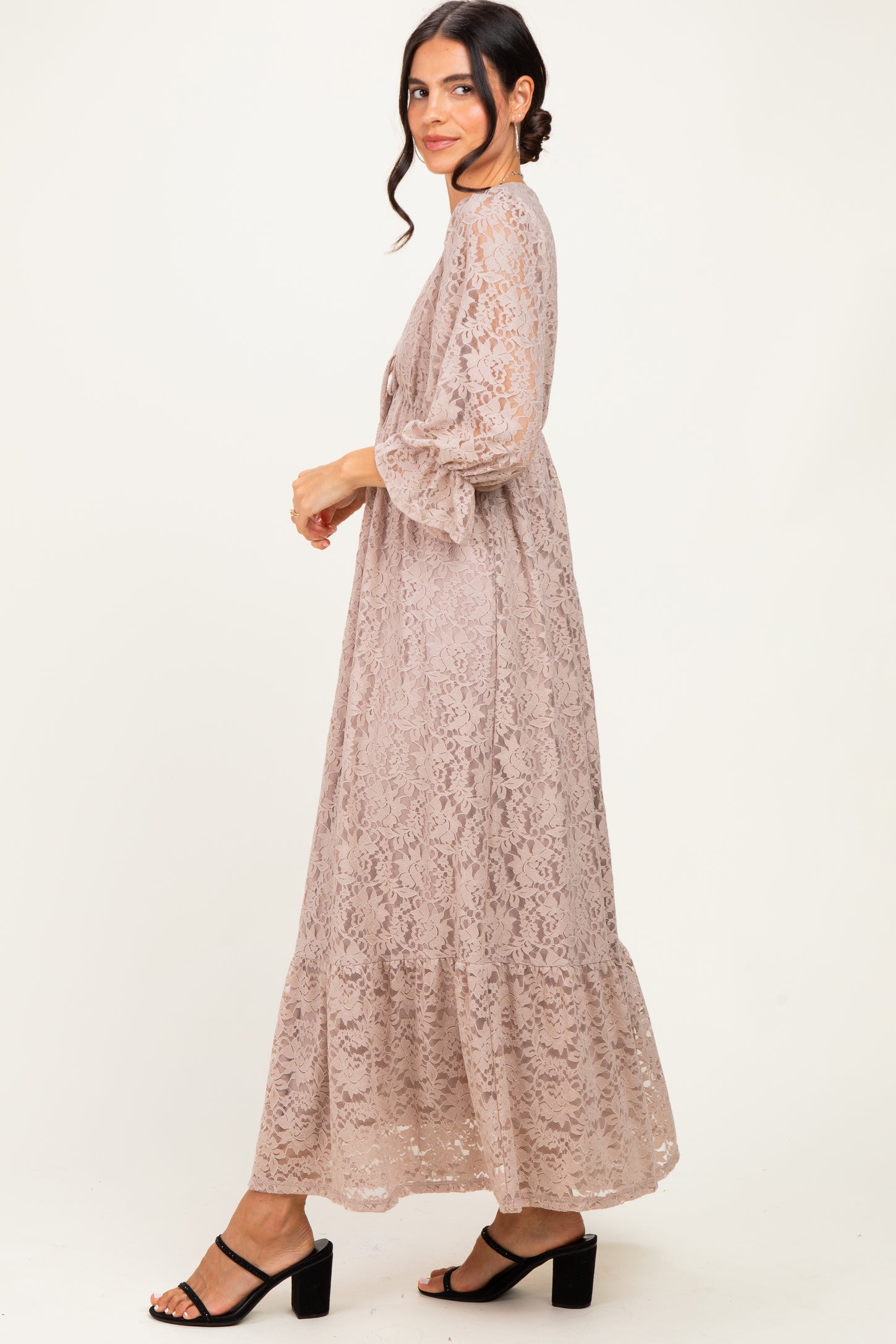 Mocha Floral Lace 3/4 Ruffle Sleeve V-Neck Maxi Dress