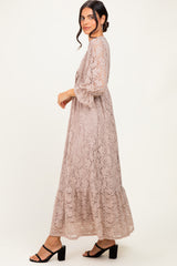 Mocha Floral Lace 3/4 Ruffle Sleeve V-Neck Maxi Dress