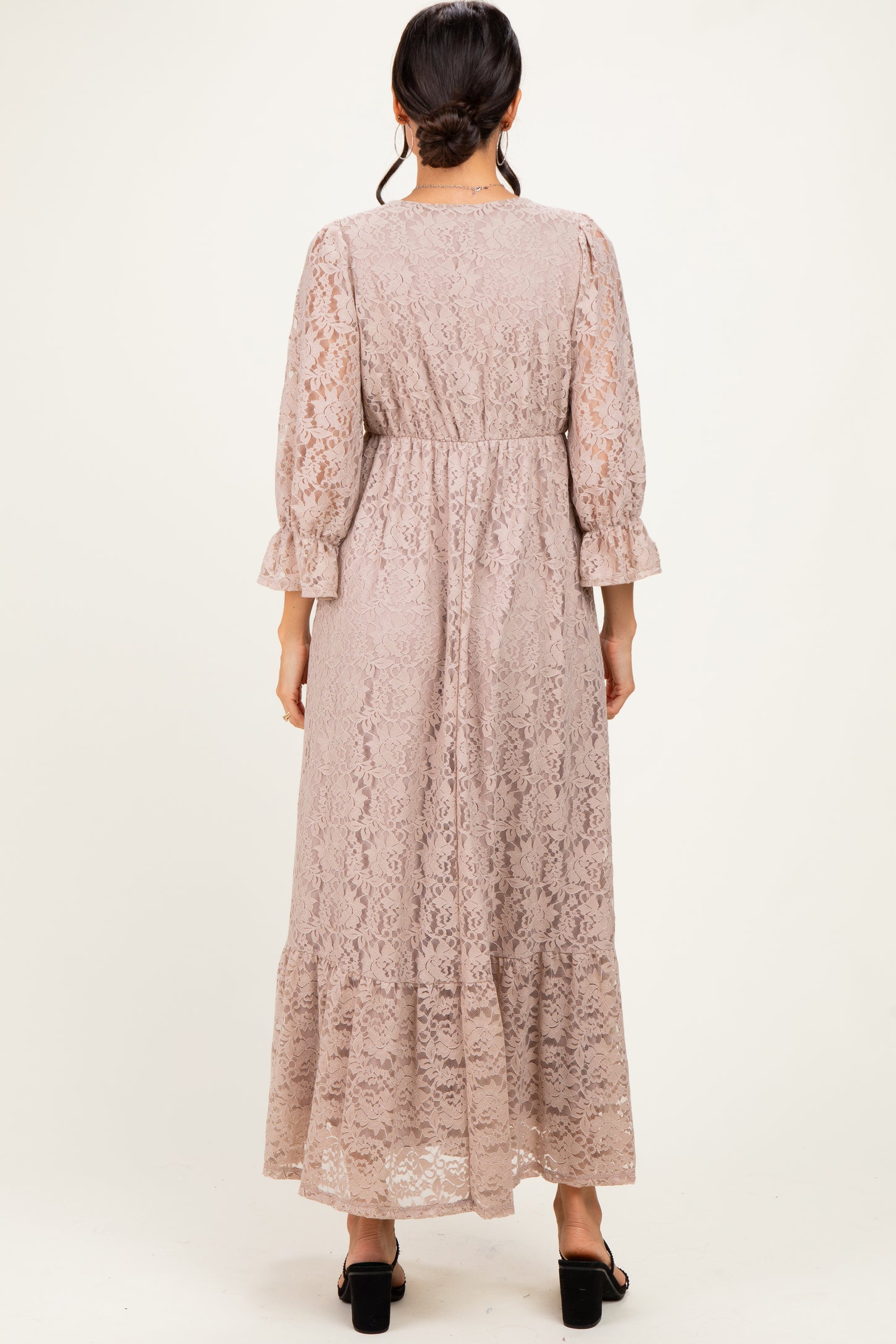Mocha Floral Lace 3/4 Ruffle Sleeve V-Neck Maxi Dress