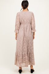 Mocha Floral Lace 3/4 Ruffle Sleeve V-Neck Maxi Dress