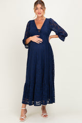 Navy Floral Lace 3/4 Ruffle Sleeve V-Neck Maternity Maxi Dress