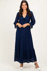 Navy Floral Lace 3/4 Ruffle Sleeve V-Neck Maxi Dress