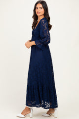 Navy Floral Lace 3/4 Ruffle Sleeve V-Neck Maxi Dress