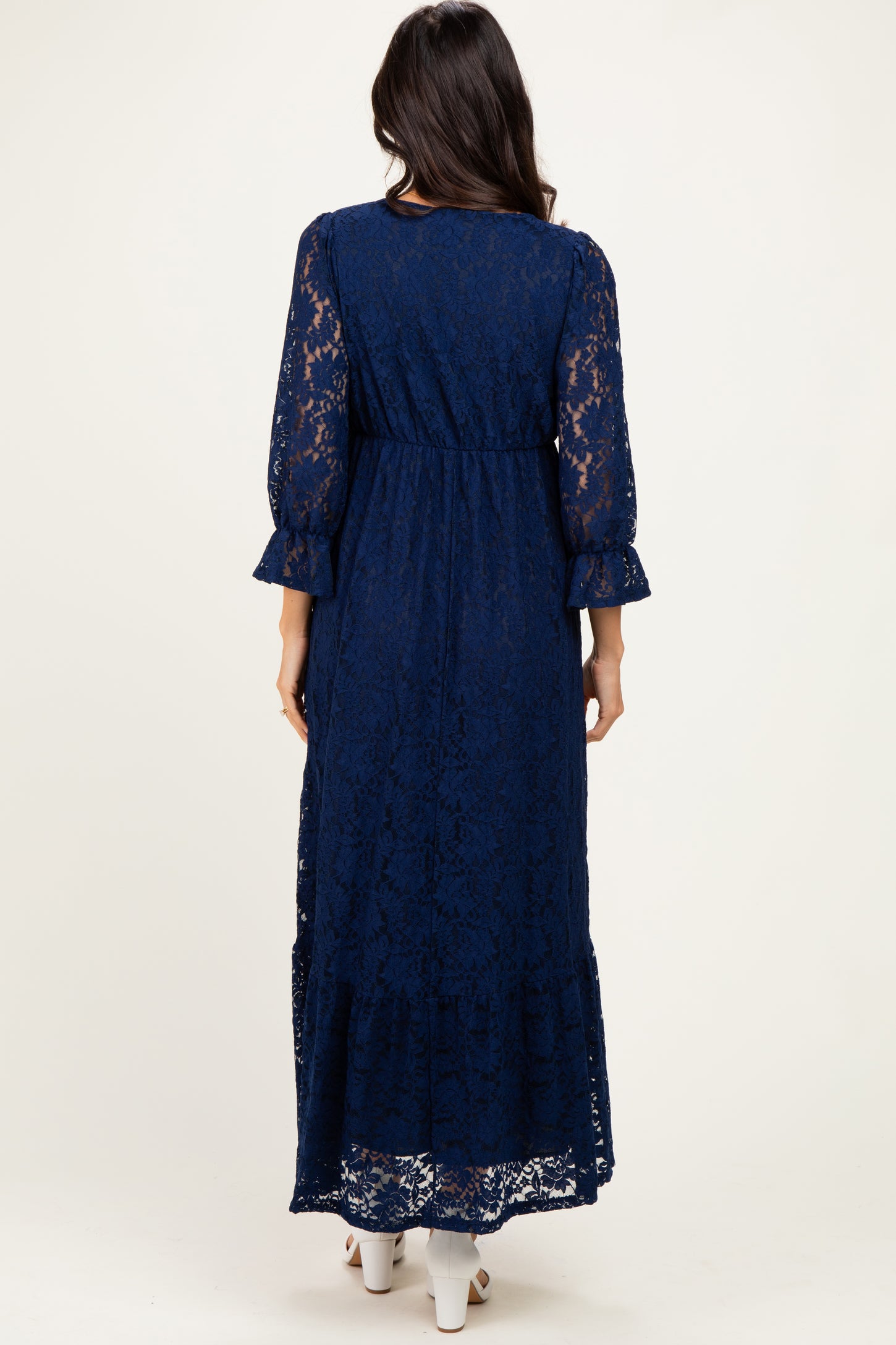 Navy Floral Lace 3/4 Ruffle Sleeve V-Neck Maxi Dress